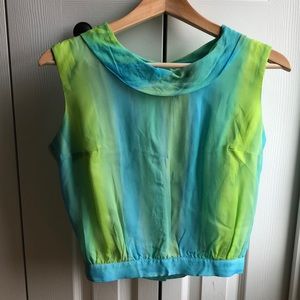 Diane Young bright blue/green sleeveless top, size XS/S.